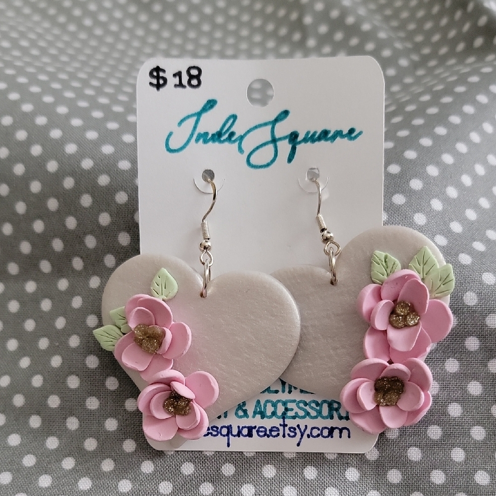 Heart Shaped Earrings with Pink Floral Design